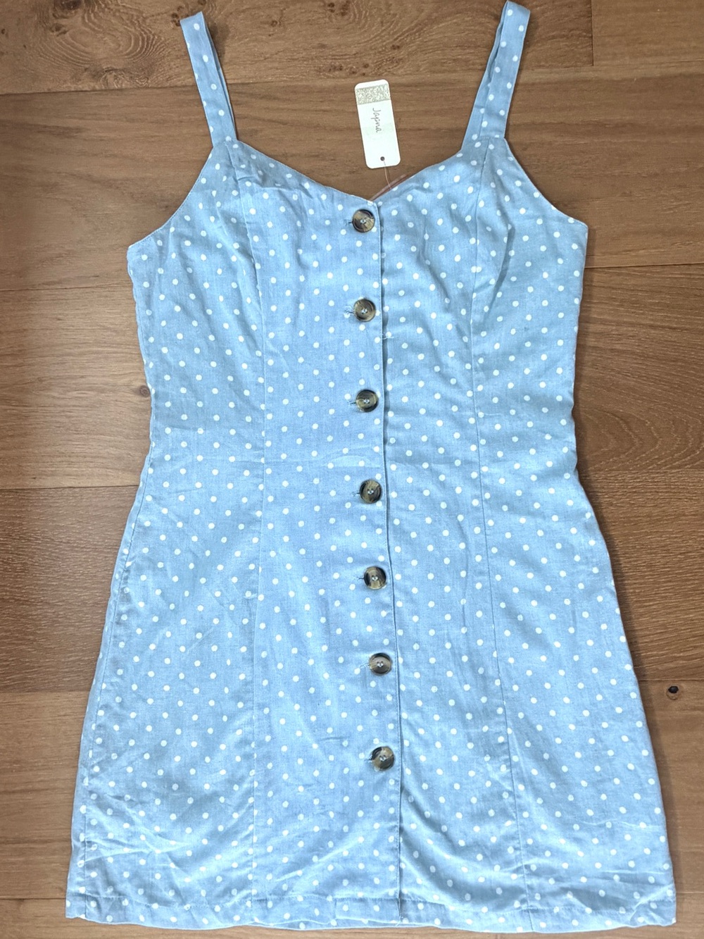 Japna NWT Blue White Polka Dot Linen Cotton Button Front Mini Sundress Medium